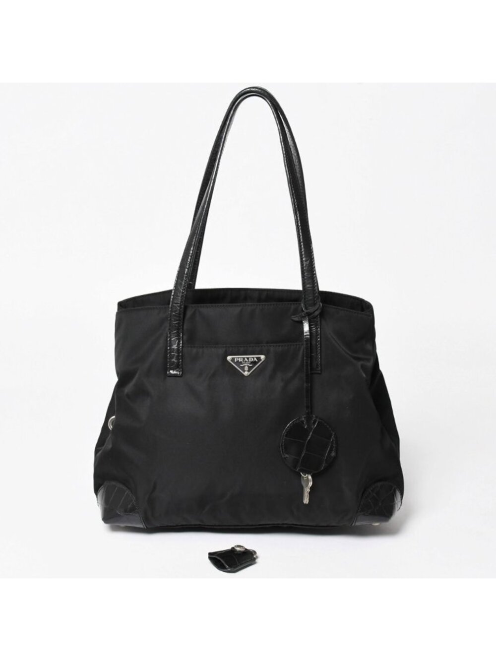 Prada Tote Bag Croco Embossed Nylon Leather Black Silver